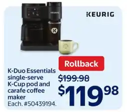 Walmart K-Duo Essentials single-serve K-Cup pod and carafe coffee maker offer
