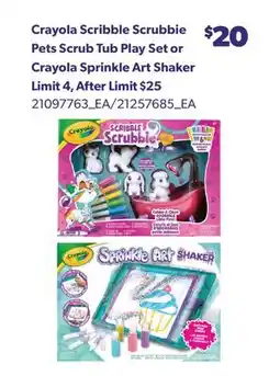 Real Canadian Superstore CRAYOLA SCRIBBLE SCRUBBIE PETS SCRUB TUB PLAY SET OR CRAYOLA SPRINKLE ART SHAKER offer