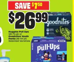 Chalo FreshCo Huggies Pull Ups 48-74 pk or Goodnites Youth Pants 28-44 pk Selected Varieties offer