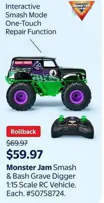 Walmart Monster Jam Smash & Bash Grave Digger 1:15 Scale RC Vehicle offer