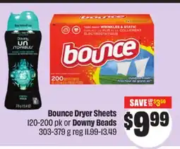 FreshCo Bounce Dryer Sheets 120-200 pk or Downy Beads 303-379 g offer