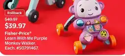 Walmart Fisher-Price Learn With Me Purple Monkey Walker offer