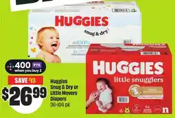 FreshCo Huggies Snug & Dry or Little Movers Diapers 36-104 pk offer