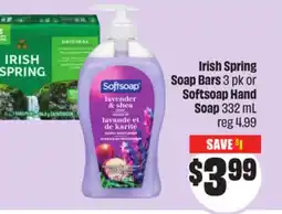 FreshCo Irish Spring Soap Bars 3 pk or Softsoap Hand Soap 332 mL offer