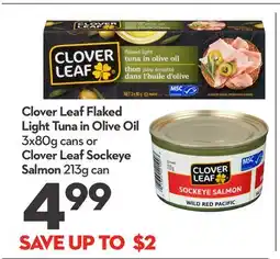 Longo's Clover Leaf Flaked Light Tuna in Olive Oil 3x80g cans or Clover Leaf Sockeye Salmon 213g can offer