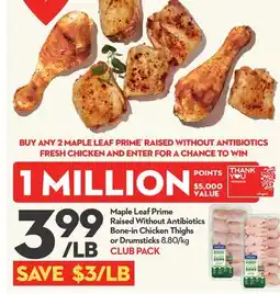 Longo's Maple Leaf Prime Raised Without Antibiotics Bone-in Chicken Thighs or Drumsticks offer
