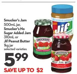 Longo's Smucker's Jam 500mL jar, Smucker's No Sugar Added Jam 310mL or Jif Peanut Butter 1kg jar offer