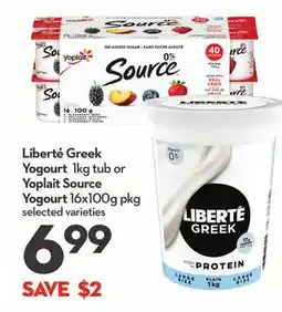 Longo's Liberté Greek Yogourt 1kg tub or Yoplait Source Yogourt 16x100g pkg offer