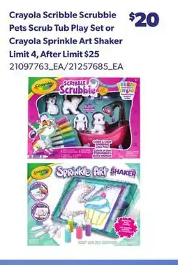 Loblaws CRAYOLA SCRIBBLE SCRUBBIE PETS SCRUB TUB PLAY SET OR CRAYOLA SPRINKLE ART SHAKER offer