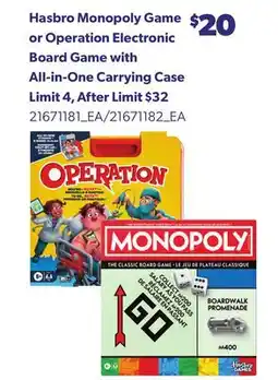 Loblaws HASBRO MONOPOLY GAME OR OPERATION ELECTRONIC BOARD GAME WITH ALL-IN-ONE CARRYING CASE offer