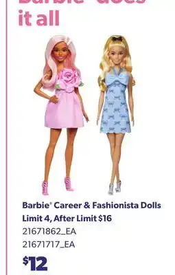 Loblaws BARBIE CAREER & FASHIONISTA DOLLS offer
