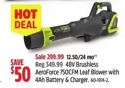 Canadian Tire Yardworks 48V Brushless AeroForce 750CFM Leaf Blower with 4Ah Battery & Charger offer