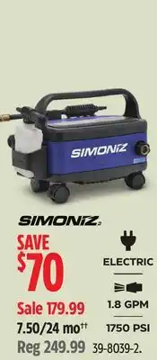 Canadian Tire SIMONIZ 1750 PSI 1.8 GPM Wheeled Electric Pressure Washer with Foam Blaster offer