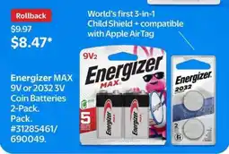 Walmart Energizer MAX 9V or 2032 3V Coin Batteries 2-Pack offer