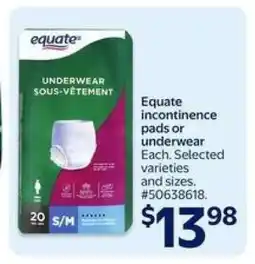 Walmart Equate Incontinence Pads or Underwear offer