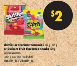 No Frills Skittles or Starburst Gummies or Gushers Fruit Flavoured Snacks offer