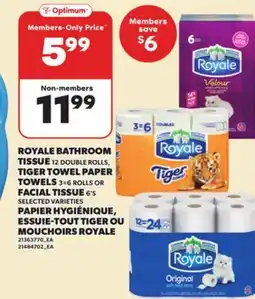Independent City Market ROYALE BATHROOM TISSUE 12 DOUBLE ROLLS, TIGER TOWEL PAPER TOWEL 3=6 ROLLS, FACIAL TISSUE 6'S offer