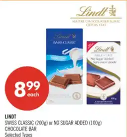 Shoppers Drug Mart LINDT SWISS CLASSIC (200g) or NO SUGAR ADDED (100g) CHOCOLATE BAR offer
