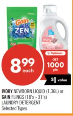 Shoppers Drug Mart IVORY NEWBORN LIQUID (1.36L) or GAIN FLINGS (18's - 31's) LAUNDRY DETERGENT offer