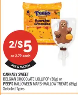 Shoppers Drug Mart CARNABY SWEET BELGIAN CHOCOLATE LOLLIPOP (30g) or PEEPS HALLOWEEN MARSHMALLOW TREATS (85g) offer