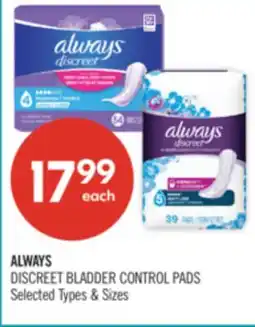 Shoppers Drug Mart ALWAYS DISCREET BLADDER CONTROL PADS offer
