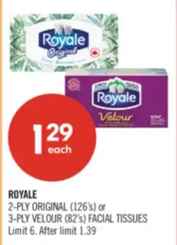 Shoppers Drug Mart ROYALE 2-PLY ORIGINAL (126's) or 3-PLY VELOUR (82's) FACIAL TISSUES offer