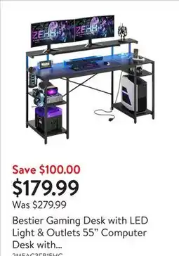Walmart Bestier Gaming Desk with LED Light & Outlets 55 Computer Desk with Monitor Stand, Black Carbon Fiber offer