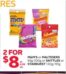 Rexall M&M'S or MALTESERS 95g-100g or SKITTLES or STARBURST 130g-191g offer