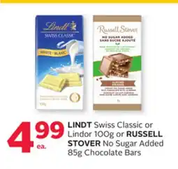 Rexall LINDT Swiss Classic or Lindor 100g or RUSSELL STOVER No Sugar Added 85g Chocolate Bars offer