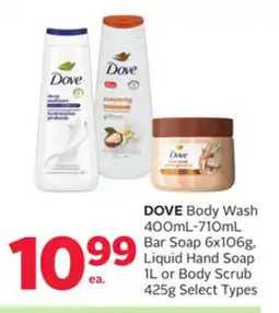 Rexall DOVE Body Wash 400mL-710mL Bar Soap 6x106g, Liquid Hand Soap 1L or Body Scrub 425g offer