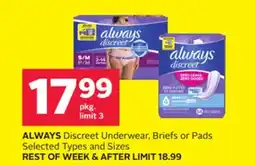 Rexall ALWAYS Discreet Underwear, Briefs or Pads offer