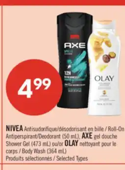 Pharmaprix NIVEA Roll-On Antiperspirant/Deodorant (50 mL), AXE Shower Gel (473 mL) or OLAY Body Wash (364 mL) offer