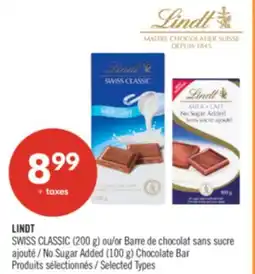 Pharmaprix LINDT SWISS CLASSIC (200 g) or No Sugar Added (100 g) Chocolate Bar offer