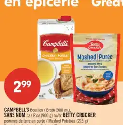 Pharmaprix CAMPBELL'S Broth (900 mL), Rice (900 g) or BETTY CROCKER Mashed Potatoes (215 g) offer