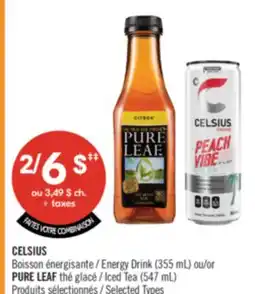 Pharmaprix CELSIUS Energy Drink (355 mL) or PURE LEAF Iced Tea (547 mL) offer