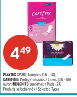Pharmaprix PLAYTEX SPORT Tampons (16 - 18), CAREFREE Liners (36 - 60) or INCOGNITO Pads (24) offer