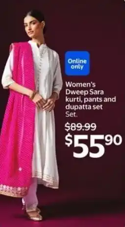 Walmart Women's Dweep Sara kurti, pants and dupatta set offer