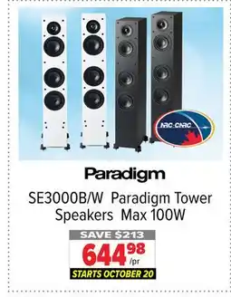 2001 Audio Video SE3000B/W Paradigm Tower Speakers Max 100W offer