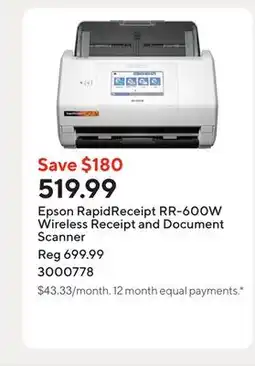Staples Epson RapidReceipt RR-600W Wireless Receipt and Document Scanner offer
