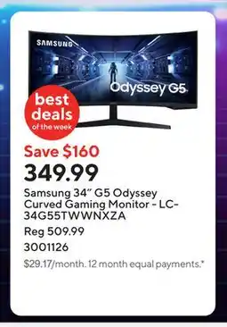 Staples Samsung 34 G5 Odyssey Curved Gaming Monitor - LC34G55TWWNXZA offer