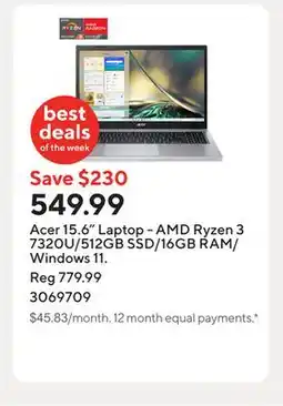 Staples Acer 15.6 Laptop - AMD Ryzen 3 7320U/512GB SSD/16GB RAM/Windows 11 offer