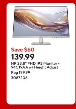 Staples HP 23.8 FHD IPS Monitor - 94C19AA w/ Height Adjust offer