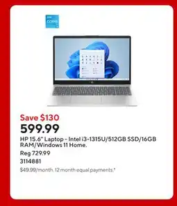 Staples HP 15.6 Laptop - Intel i3-1315U/512GB SSD/16GB RAM/Windows 11 Home offer
