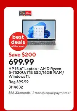 Staples HP 15.6 Laptop - AMD Ryzen 5-7520U/1TB SSD/16GB RAM/Windows 11 offer