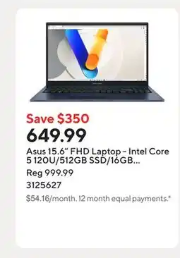 Staples Asus 15.6 FHD Laptop - Intel Core 5 120U/512GB SSD/16GB RAM/Windows 11 Home offer