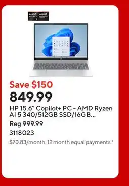 Staples HP 15.6 Copilot+ PC - AMD Ryzen AI 5 340/512GB SSD/16GB RAM/Windows 11 Home offer