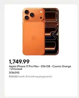 Staples Apple iPhone 17 Pro Max - 256 GB - Cosmic Orange - Unlocked offer