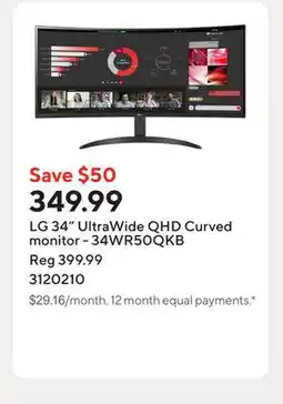 Staples LG 34 UltraWide QHD Curved monitor - 34WR50QKB offer