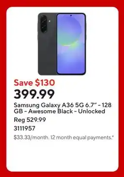 Staples Samsung Galaxy A36 5G 6.7 - 128 GB - Awesome Black - Unlocked offer
