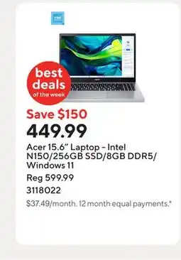 Staples Acer 15.6 Laptop - Intel N150/256GB SSD/8GB DDR5/Windows 11 offer